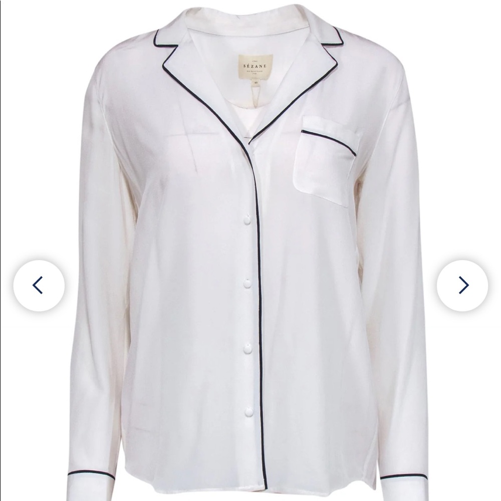 Sezane - White Silk Crepe Button-Up Blouse w/ Black Trim Sz 4